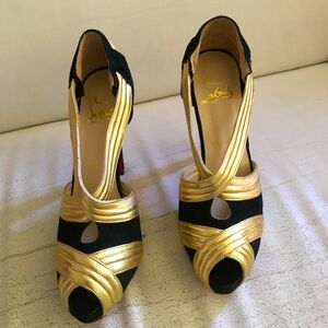 Christian Louboutin Black/Gold Fabric and Leather Josefa Platform Pumps Size 40